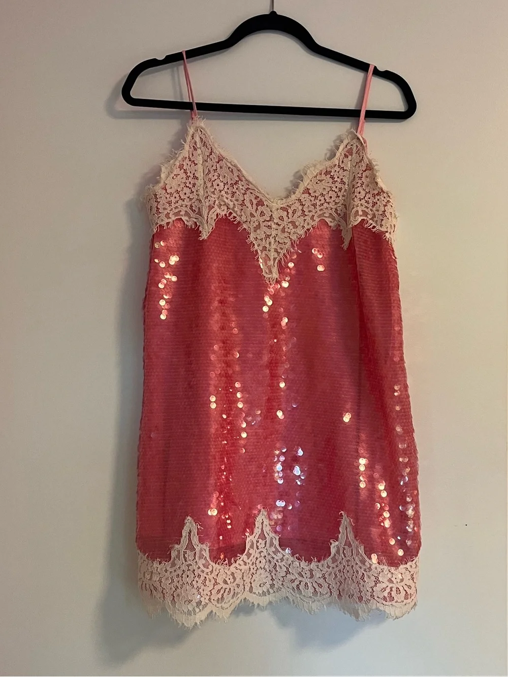 Sequin Slip Mini Dress with Cream Lace Trim in Pink - Picture 2 of 7